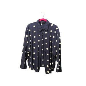 Zara Navy Blue Puff Polka Dot Long Sleeve Button Down Blouse Top Size XL